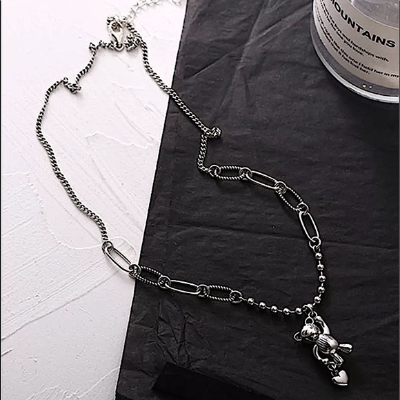 Sterling Silver Teddy Bear Charm Pendant Punk Necklace - Picture 5 of 6